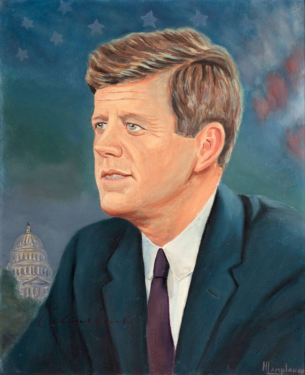 [1963] President John Fitzgerald portrait by H. Amplough, 1993, autographed by Caroline Kennedy, daughter of the President. at Whyte's Auctions