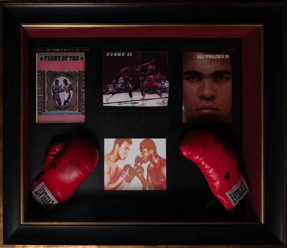 Boxing: 1974 Ali v Frazier autographed gloves in a presentation frame with original fight programmes. at Whyte's Auctions