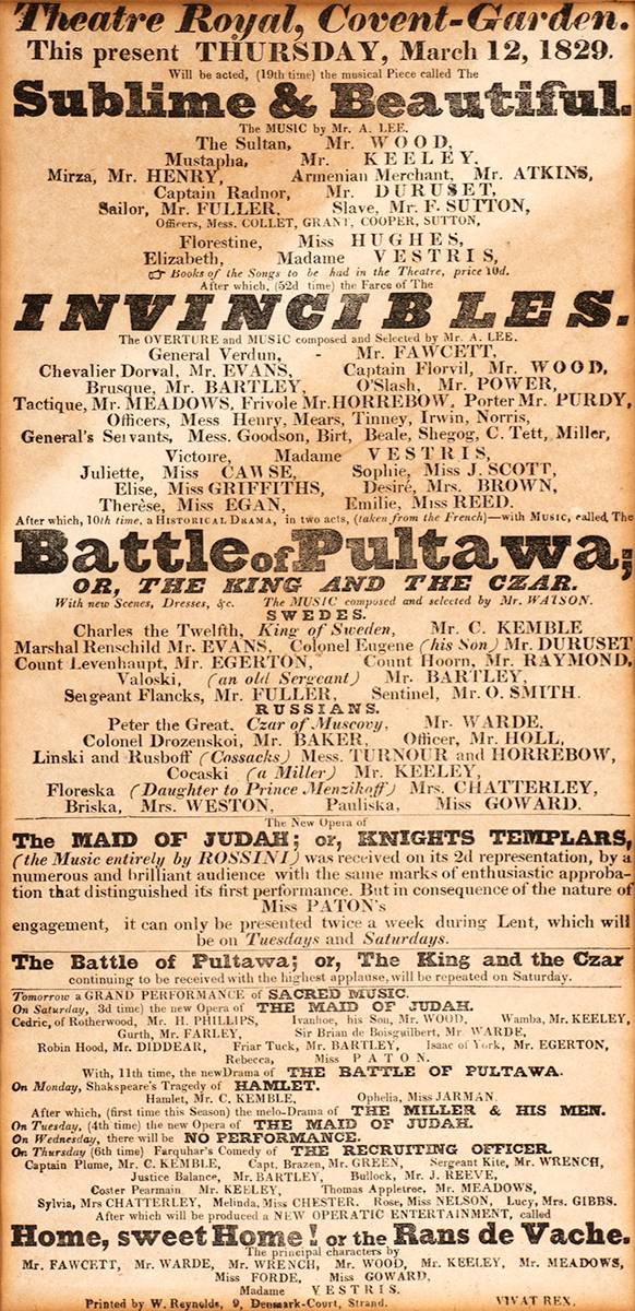 Theatre. 1818 to 1829 Theatre Royal and New Theatre Royal, London, playbills. (4) at Whyte's Auctions