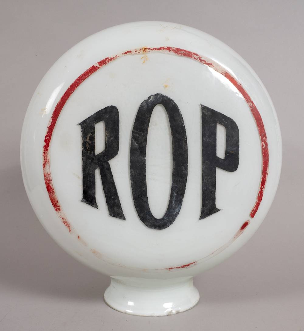 ROP glass petrol pump globe, circa 1930. at Whyte's Auctions