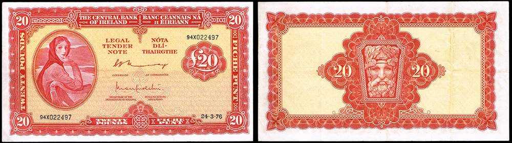 Central Bank 'Lady Lavery' Twenty Pounds, 24-3-76, a sequential pair. at Whyte's Auctions