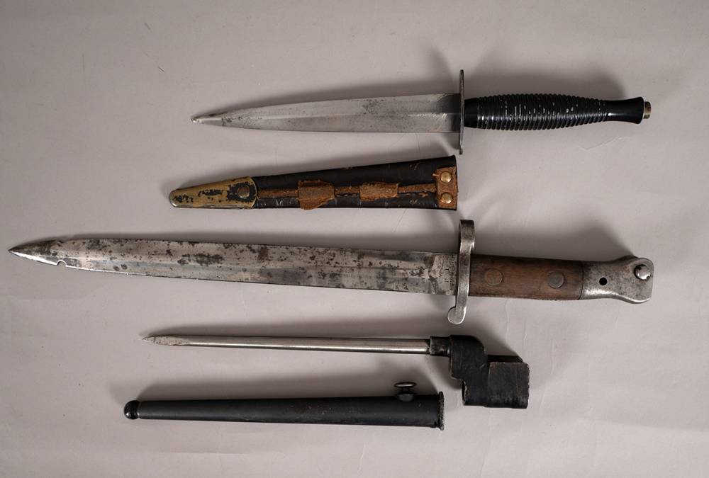 British Commando knife and two bayonets. (3) at Whyte's Auctions