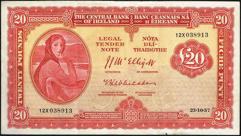 Central Bank Lavery Twenty Pounds, 23-10-57 and 15-6-65 (2) at Whyte's Auctions
