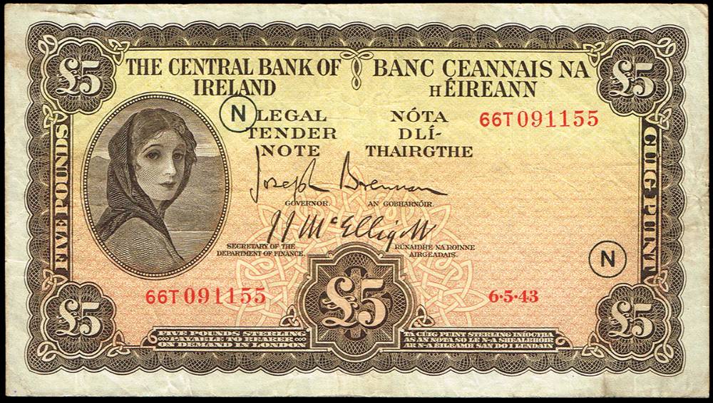 Central Bank Lavery Five Pounds, 6-5-43 War Code N at Whyte's Auctions