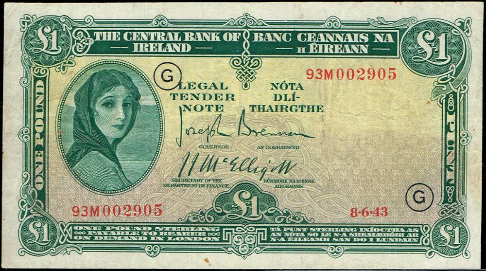 Central Bank Lavery One Pound 8-6-43 War Code G at Whyte's Auctions