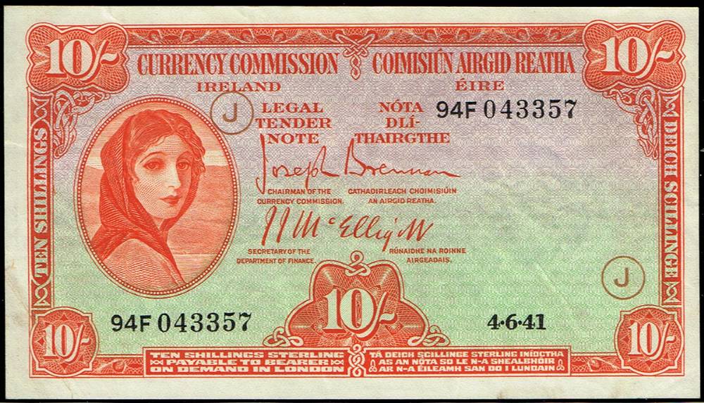Central Bank Lavery Ten Shillings 4-6-41 War Code J at Whyte's Auctions