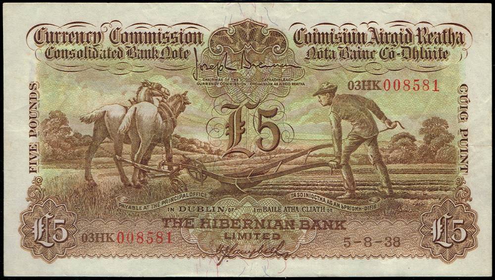Currency Commission 'Ploughman' Hibernian Bank Five Pounds, 5-8-38 at Whyte's Auctions