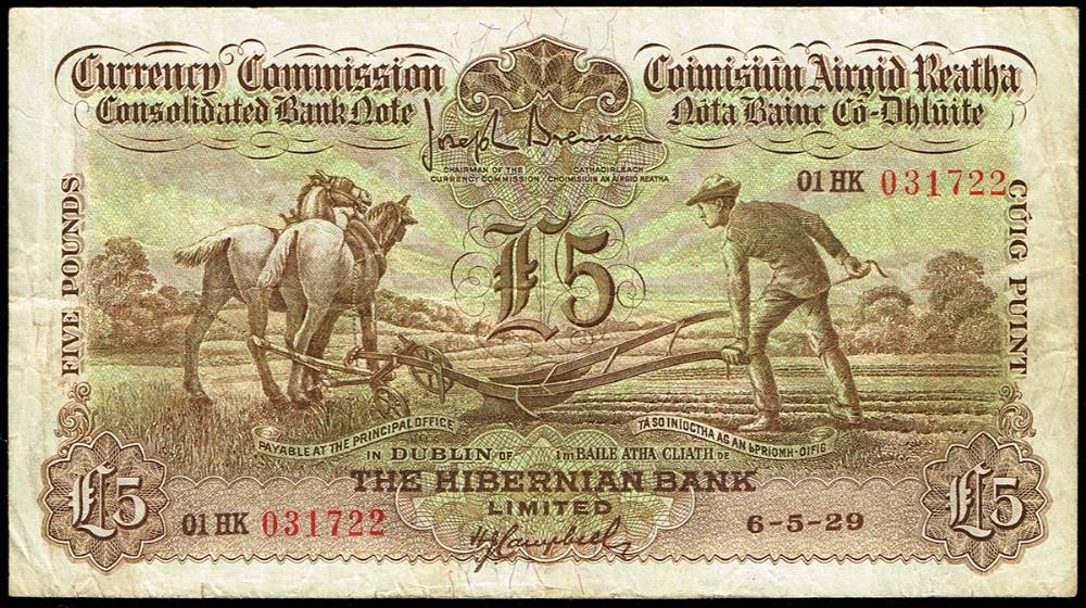 Currency Commission 'Ploughman' Hibernian Bank Five Pounds, 6-5-29 at Whyte's Auctions