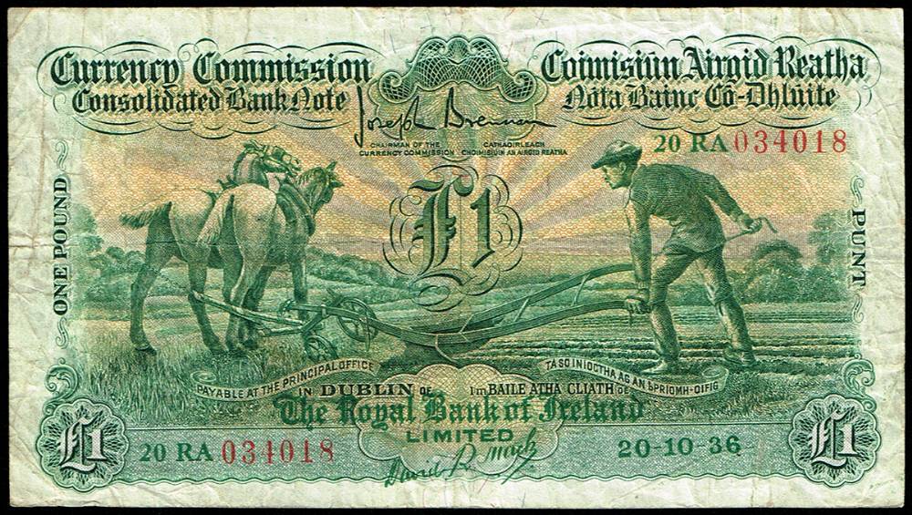 Currency Commission 'Ploughman' Royal Bank of Ireland One Pound 20-10-36. at Whyte's Auctions