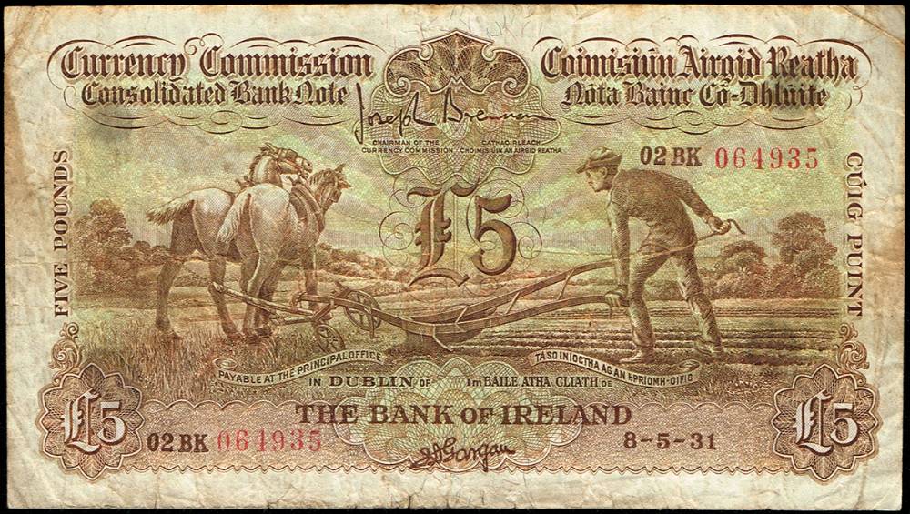 Currency Commission 'Ploughman' Bank of Ireland Five Pounds, 8-5-31 at Whyte's Auctions