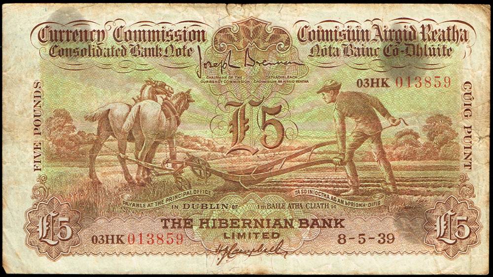 Currency Commission 'Ploughman' Hibernian Bank Five Pounds, 8-5-39 at Whyte's Auctions