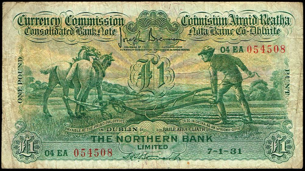 Currency Commission 'Ploughman' Northern Bank One Pound 7-1-31 at Whyte's Auctions