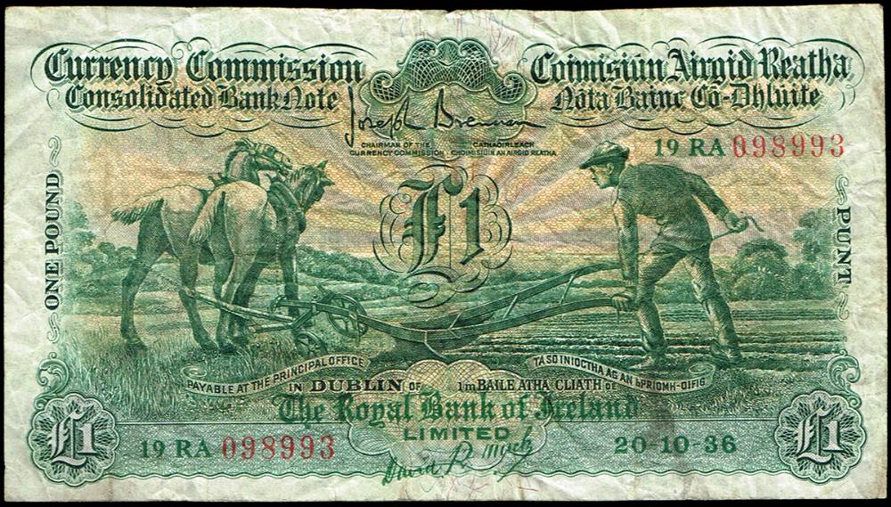 Currency Commission 'Ploughman' Royal Bank of Ireland One Pound 20-10-36 at Whyte's Auctions