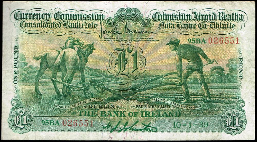 Currency Commission 'Ploughman' Bank of Ireland One Pound 10-1-39 at Whyte's Auctions