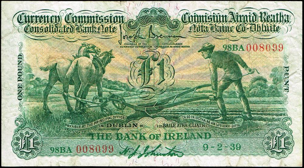 Currency Commission 'Ploughman' Bank of Ireland One Pound, 9-2-39 at Whyte's Auctions
