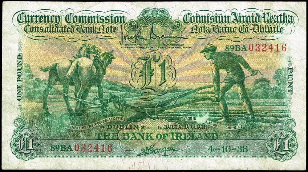 Currency Commission 'Ploughman' Bank of Ireland One Pound, 4-10-38 at Whyte's Auctions