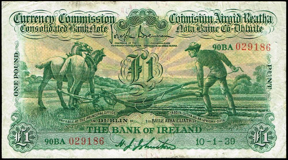 Currency Commission 'Ploughman' Bank of Ireland One Pound, 10-1-39 at Whyte's Auctions