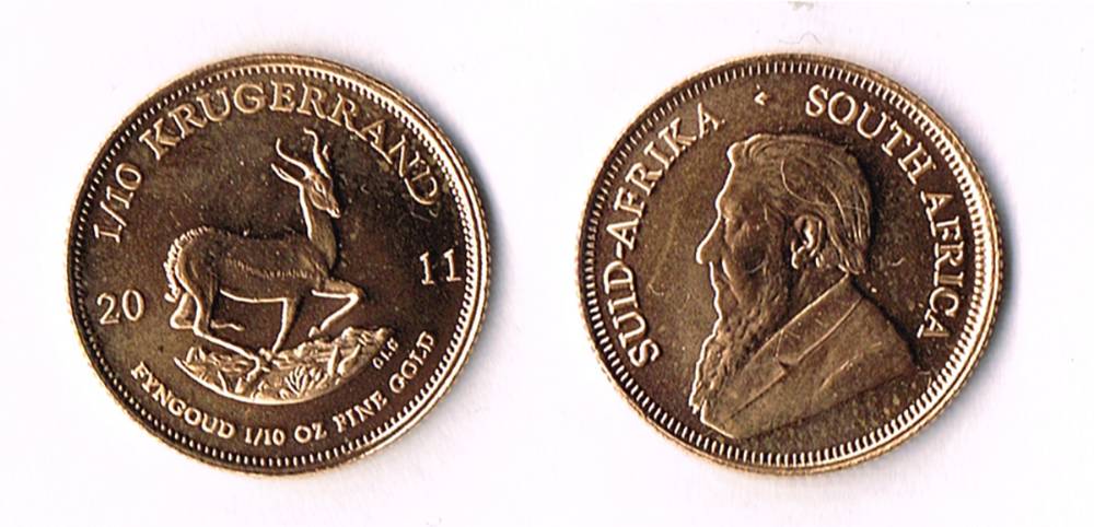 South Africa one tenth gold Kruggerand, 2011. at Whyte's Auctions