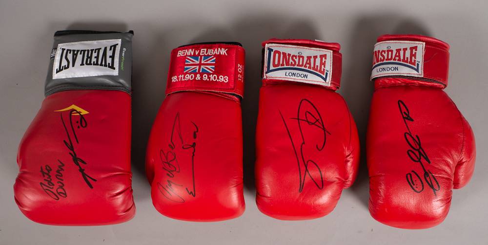 Boxing. Collection of gloves signed by Sugar Ray Leonard, Joe Calzaghe, Roberto Duran, Nigel Benn and Chris Ewbank. (4) at Whyte's Auctions