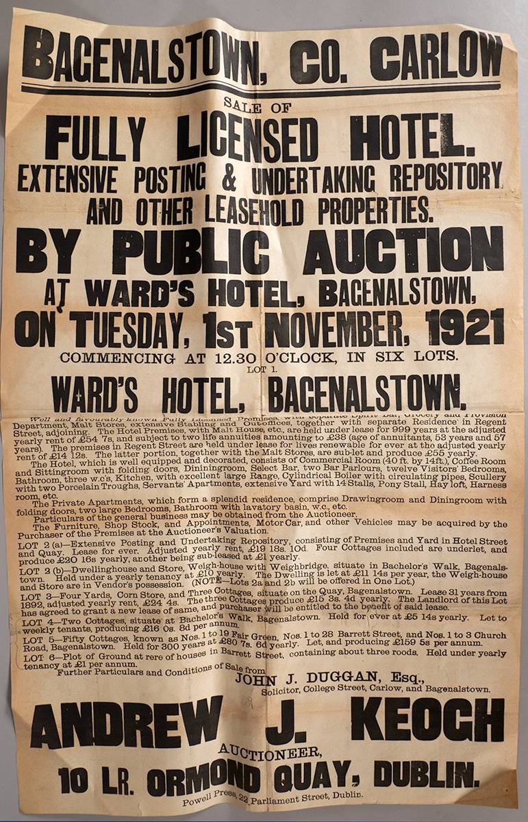 1921 (1 November). An important property auction poster of Ward's Hotel and other premises in Bagenalstown. at Whyte's Auctions