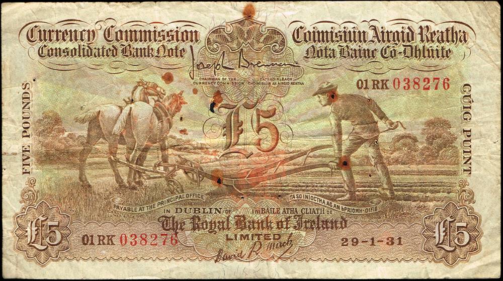 Currency Commission 'Ploughman' Royal Bank of Ireland Five Pounds, 29-1-31. at Whyte's Auctions