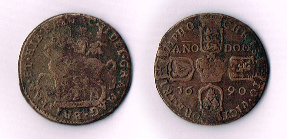 James II 'Gunmoney' crown and shilling, also George II coin weight 1769 George IV halfpenny, 1823 and  1802 Charleville token, at Whyte's Auctions