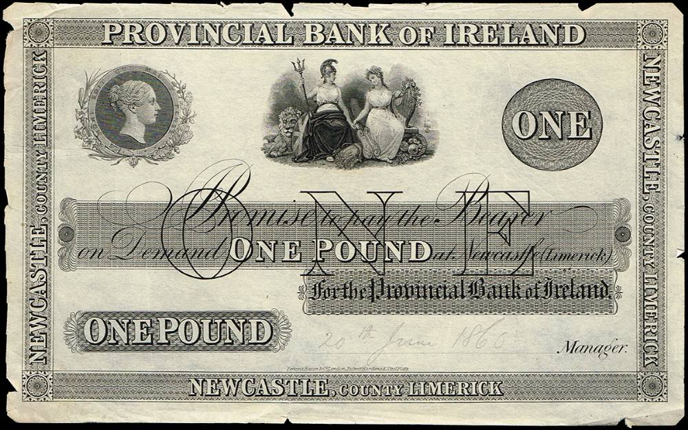 Provincial Bank of Ireland Newcastle, County Limerick, One Pound, 20 June 1860, proof at Whyte's Auctions