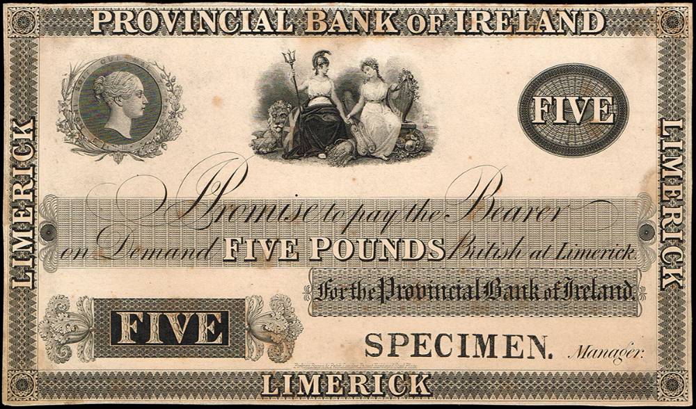 Provincial Bank of Ireland, Limerick, Five Pounds proof, circa 1855-60. at Whyte's Auctions