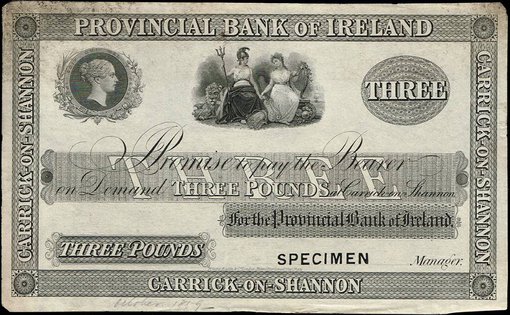 Provincial Bank of Ireland, Carrick-on-Shannon, Three Pounds proof, October 1859. at Whyte's Auctions