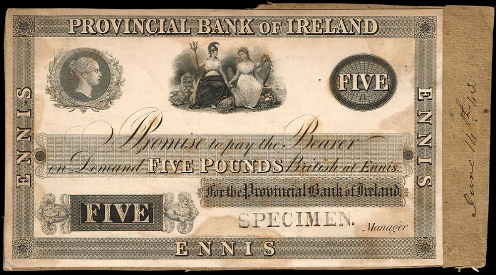 Provincial Bank of Ireland, Ennis, Five Pounds proof, 14 June 1843. at Whyte's Auctions