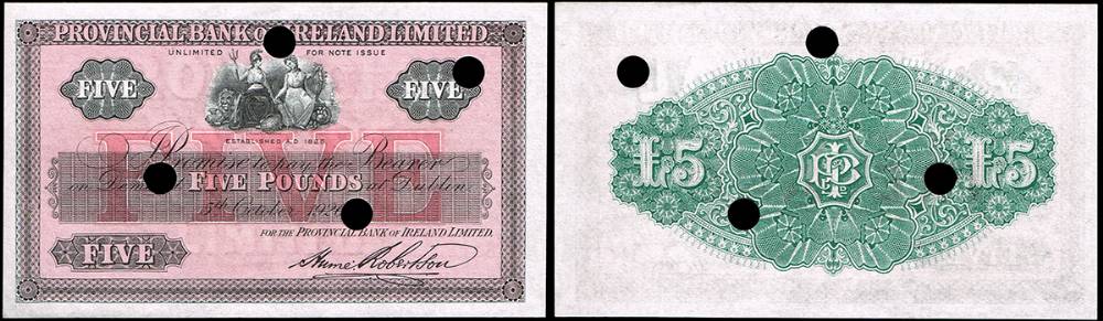 Provincial Bank of Ireland, Dublin, Five Pounds, 5 October 1926, unissued remaindered. at Whyte's Auctions