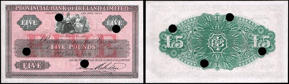 Provincial Bank of Ireland, Dublin, Five Pounds, 5 October 1926, unissued remaindered. at Whyte's Auctions