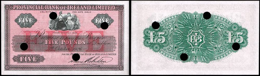 Provincial Bank of Ireland, Dublin, Five Pounds, 5 October 1926, unissued, remaindered. at Whyte's Auctions