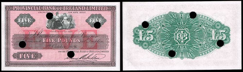 Provincial Bank of Ireland, Dublin, Five Pounds, 5 October 1926, unissued, remaindered. at Whyte's Auctions