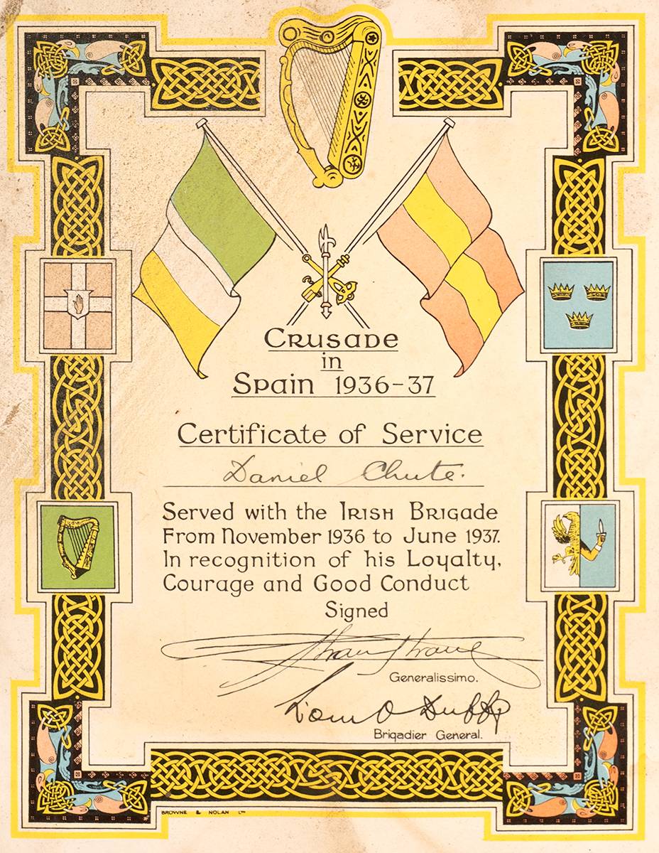 1936-1937. Spanish Civil War Irish Brigade. A very rare certificate of service to an Irish casualty. at Whyte's Auctions