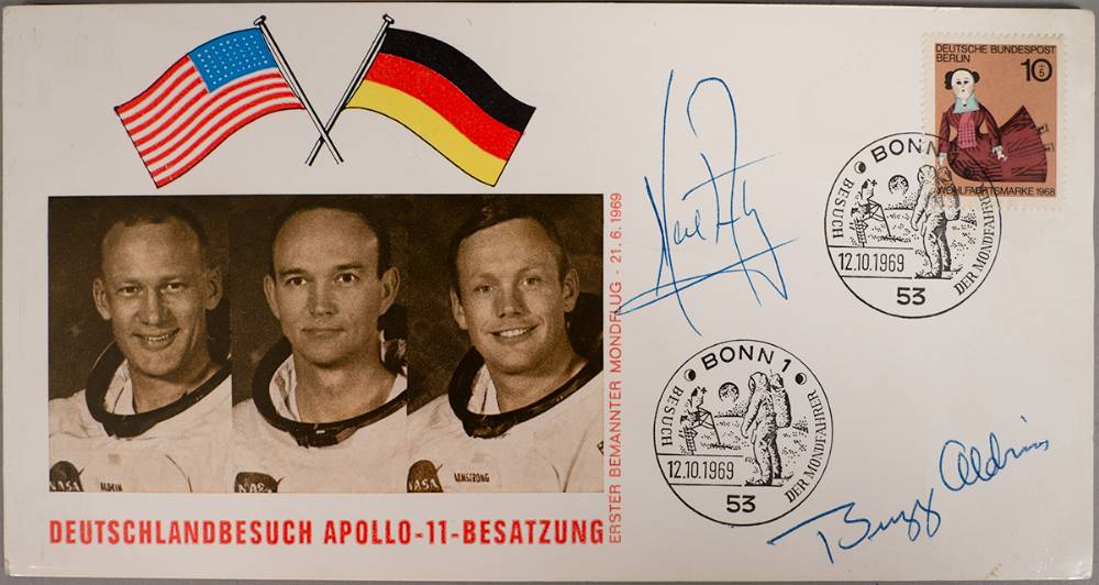 1969 (20-21 July) First Man on the Moon. A German commemorative philatelic cover signed by Neil Armstrong and Buzz Aldrin. at Whyte's Auctions