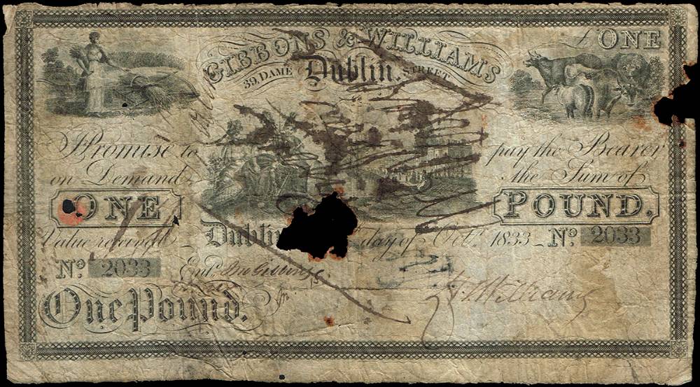 Gibbons & Williams, Dublin, One Pound, 14th day of October, 1833. (2) at Whyte's Auctions