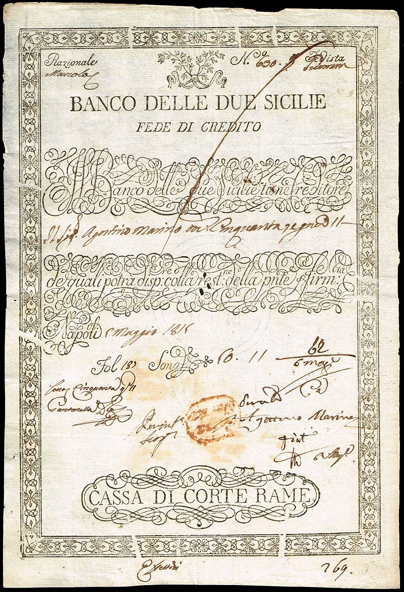 1815 (6 May) Banco Delle due Sicilie ('Bank of the Two Sicilies') faith credit certificate. at Whyte's Auctions