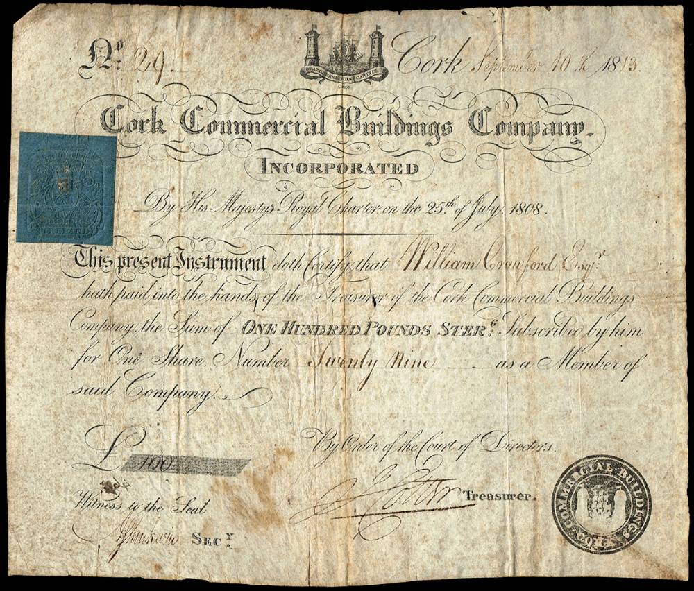 1813 (10 September) Cork Commercial Buildings Company 100 share certificate. at Whyte's Auctions