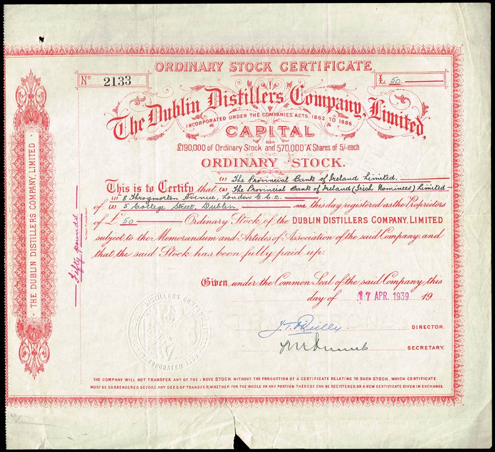 1882-1939 collection of share certificates including  The Dublin Distillers Company, Dublin & Belfast Aerated Bread etc. (10) at Whyte's Auctions