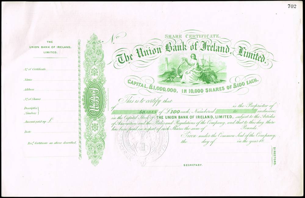 1845-1867 Share certificates for Union Bank of Ireland, Provincial Bank of Ireland and Irish Land Investment Company. at Whyte's Auctions