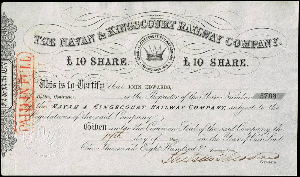 1852-1877 share certificates for Navan & KIngscourt Railway, South of Ireland Wagon & Wheel Company etc. (4) at Whyte's Auctions