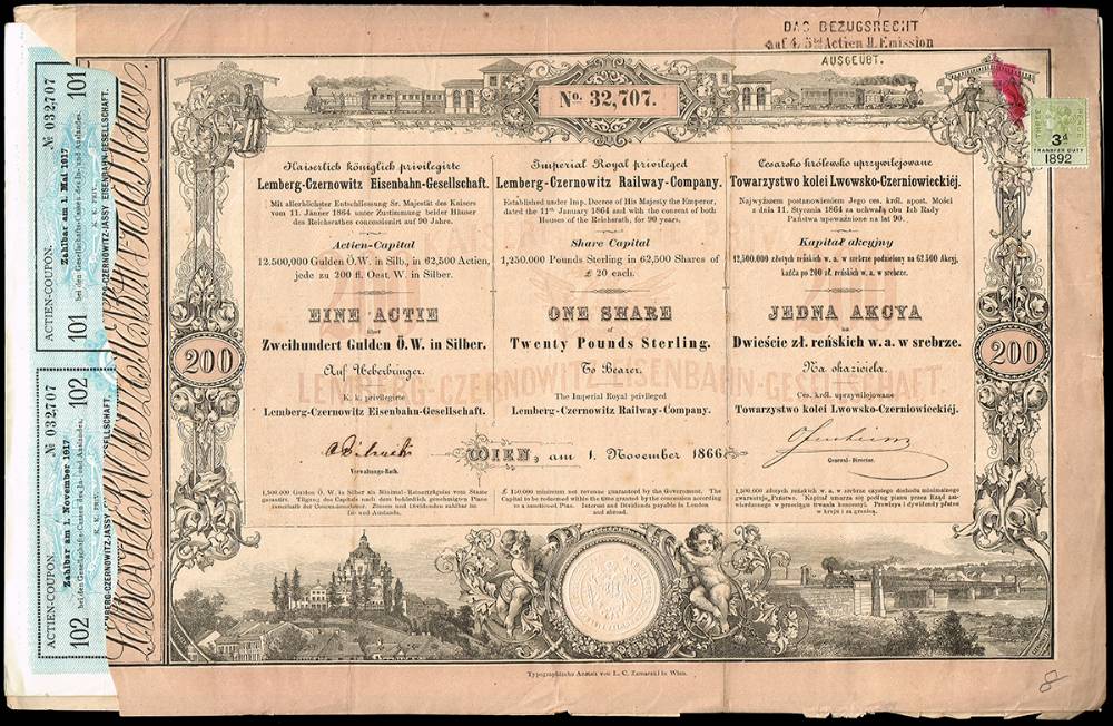 Share and bond certificates including Lemburg-Czernowitz Railway, German Empire, German Weimar, Russian Empire, Hungary etc.  (24) at Whyte's Auctions