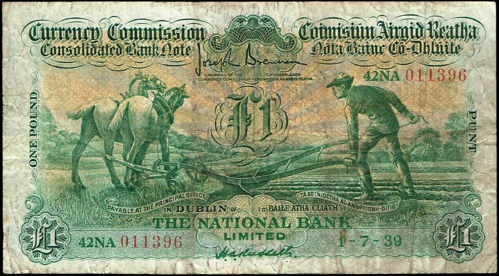 Currency Commission 'Ploughman' National Bank One Pound, 1-7-39. at Whyte's Auctions