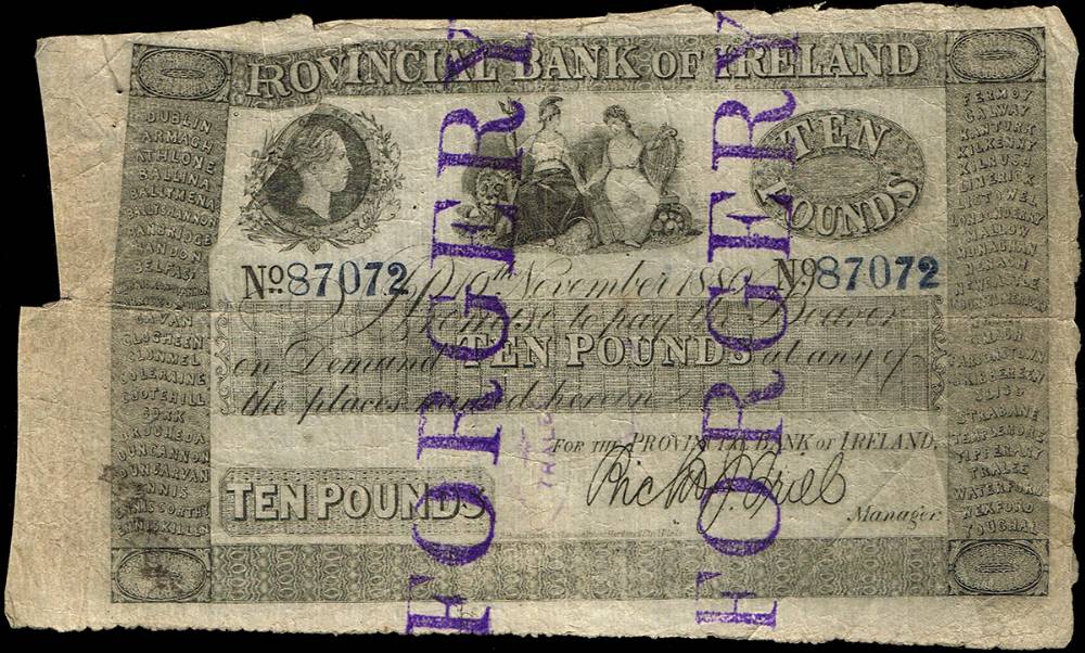 Provincial Bank of Ireland forgery of Ten Pounds Note, 10th November 1880. at Whyte's Auctions