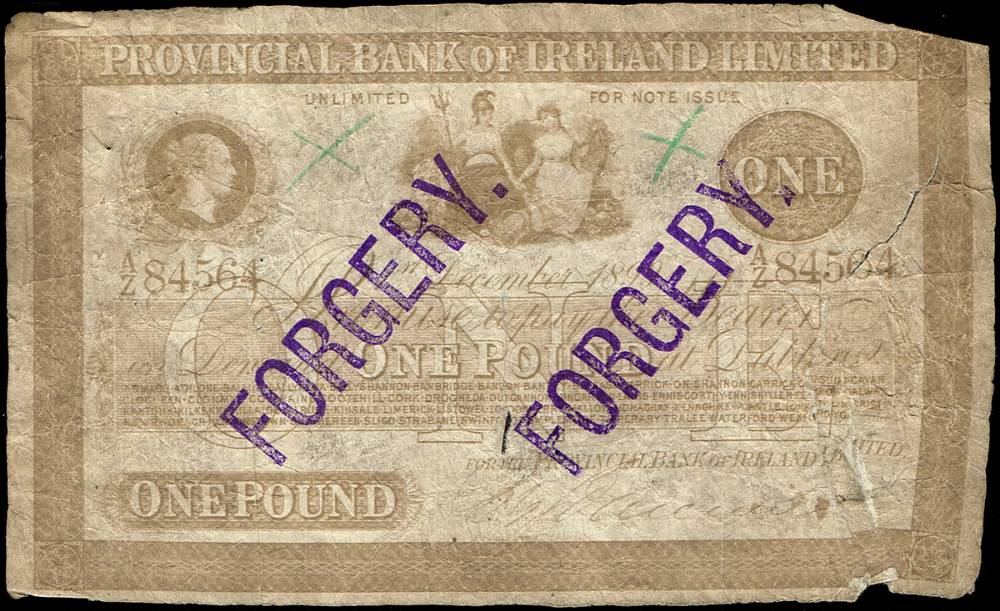 Provincial Bank of Ireland forgeries of One Pound Notes, 1 December 1899. (2). at Whyte's Auctions