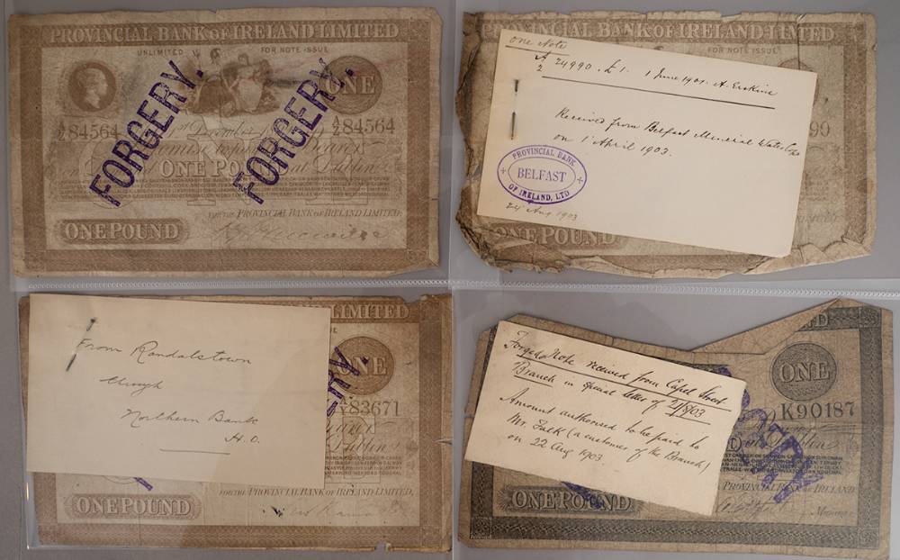 Provincial Bank of Ireland collection of forgeries of One Pound - various dates (4) at Whyte's Auctions