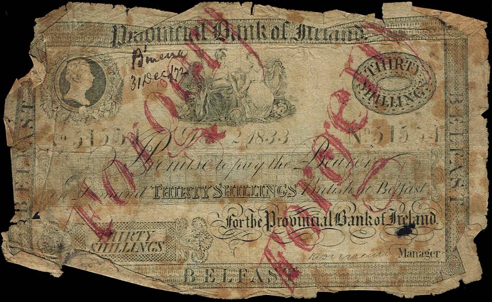 Provincial Bank of Ireland Thirty Shillings forgeries, 1832 and 1833. (2) at Whyte's Auctions
