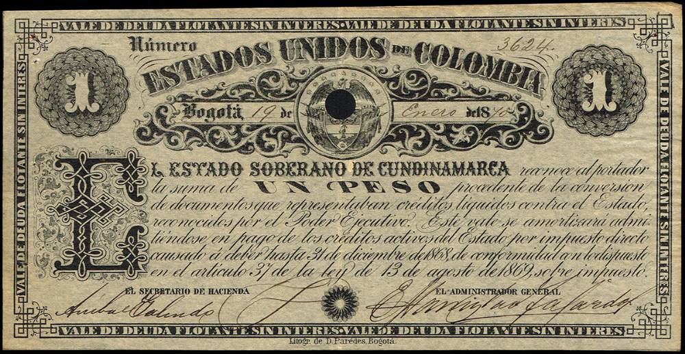 Colombia. One Peso, 19 January 1870.<br> at Whyte's Auctions