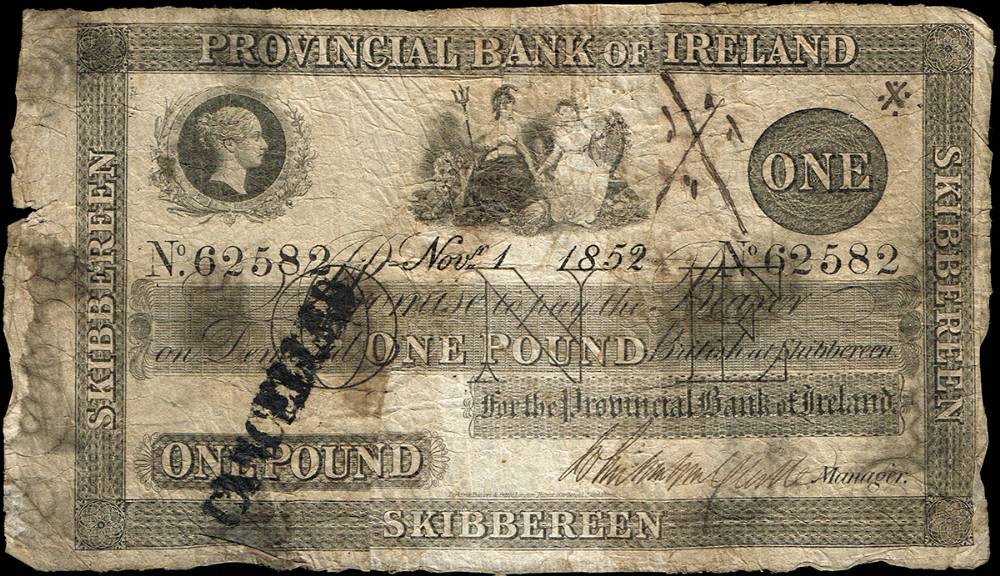 Provincial Bank of Ireland Skibbereen One Pound Novr. 1 1852, and Enniscorthy Novr 15 1844, both cancelled. at Whyte's Auctions